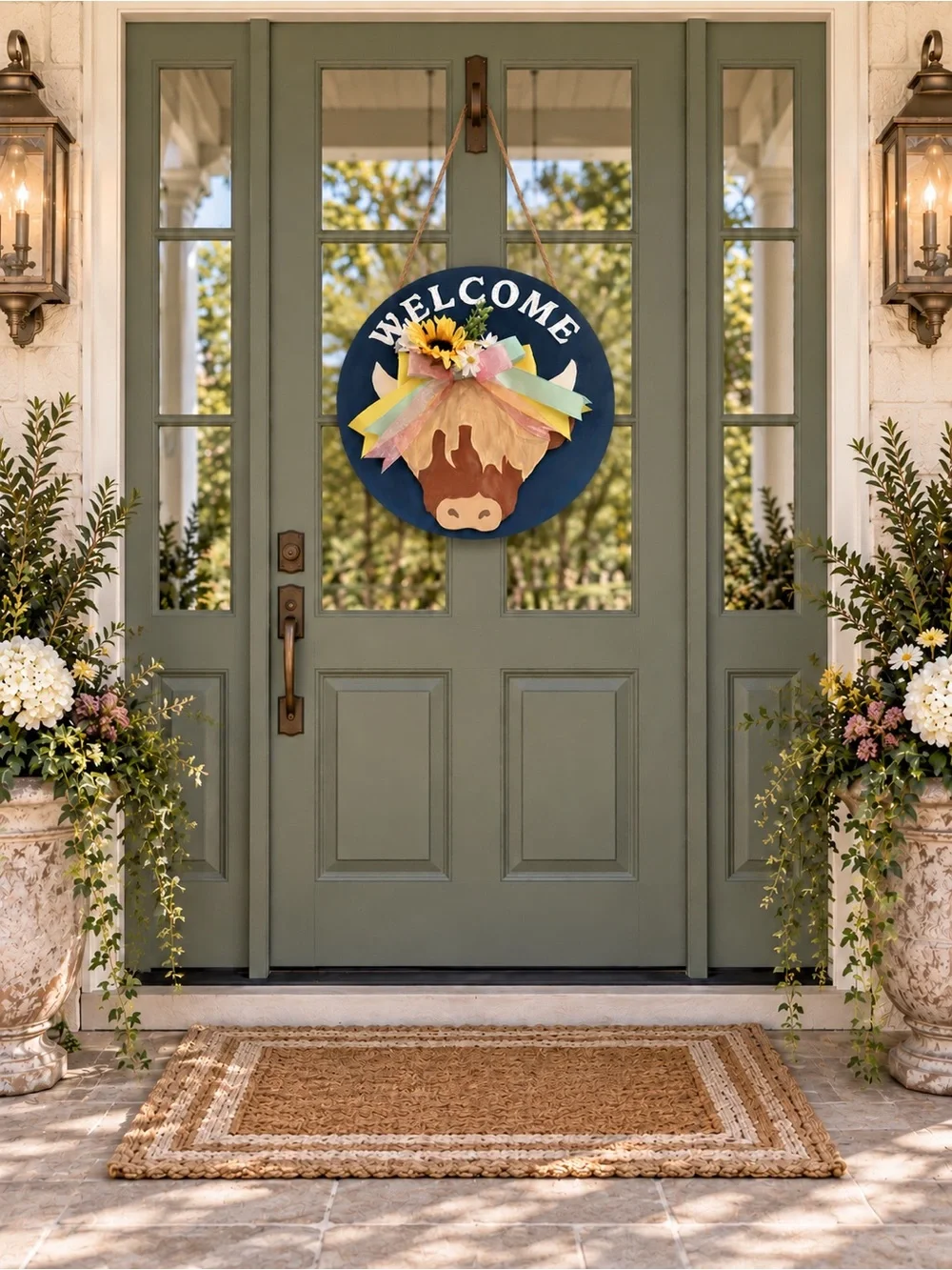 Welcome Highland Cow Door Hanger - Navy and Yellow